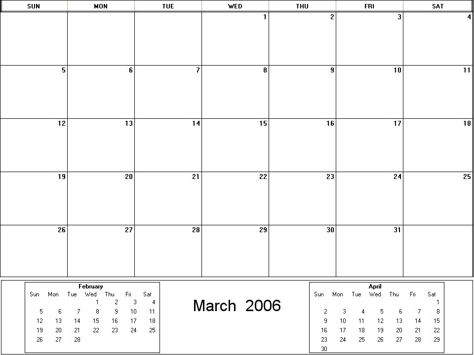 printable blank calendar image for March 2006