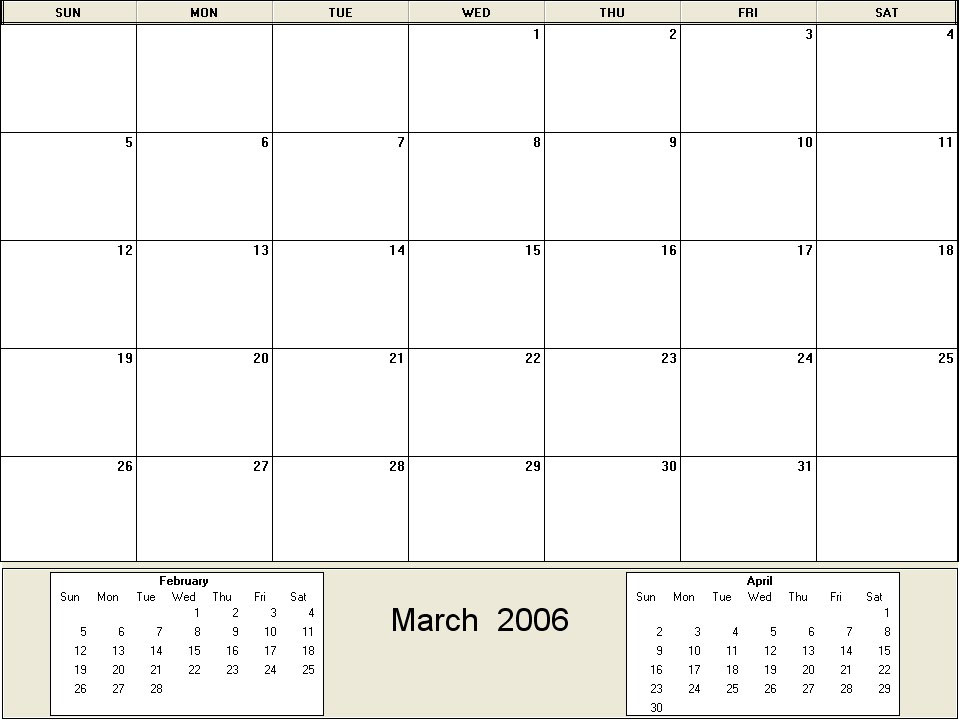 printable blank calendar image for March 2006
