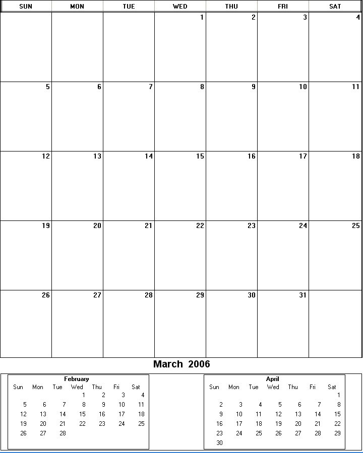 printable blank calendar image for March 2006