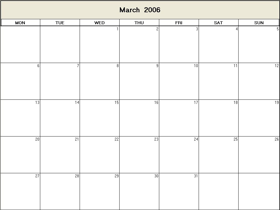 printable blank calendar image for March 2006