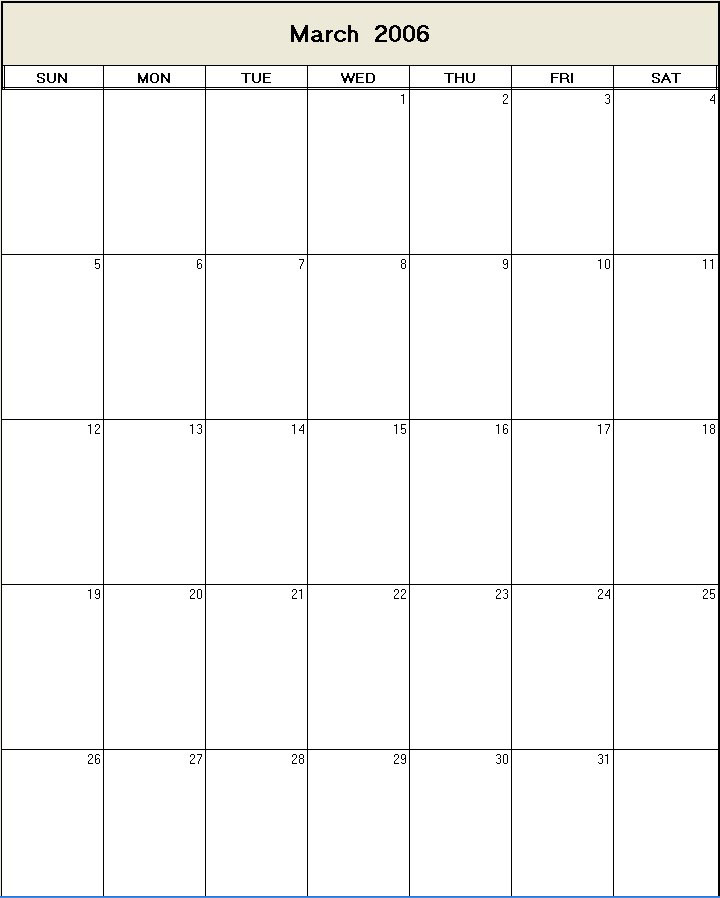printable blank calendar image for March 2006