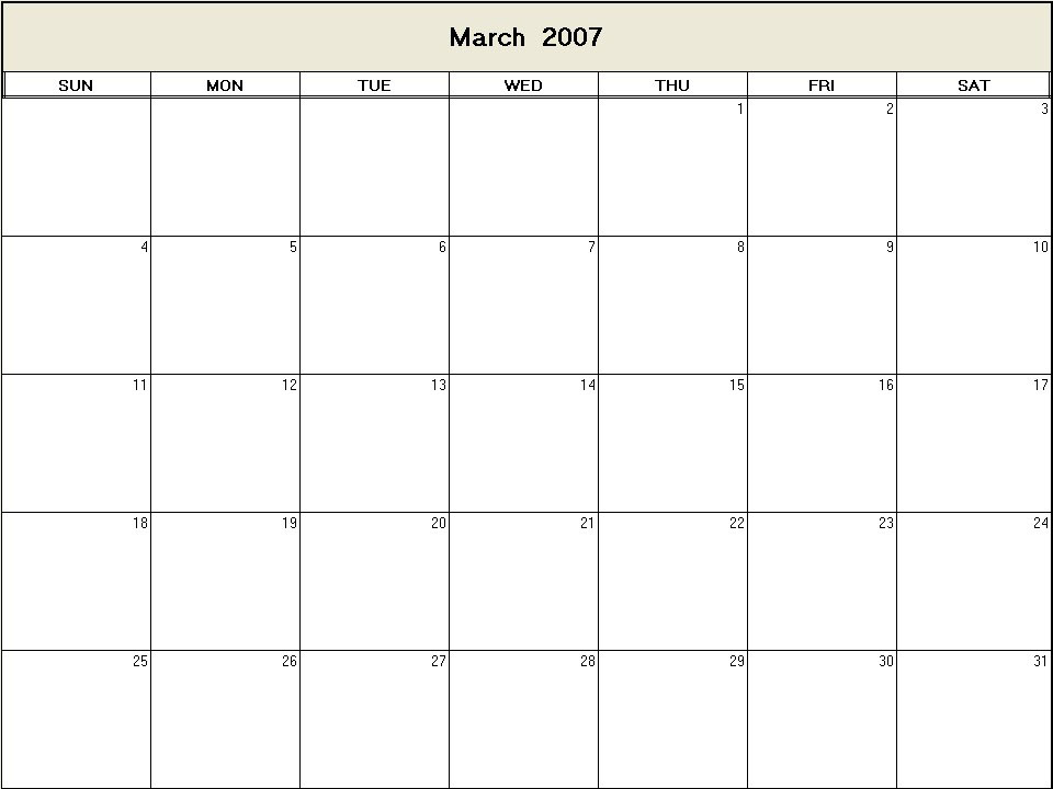 printable blank calendar image for March 2007