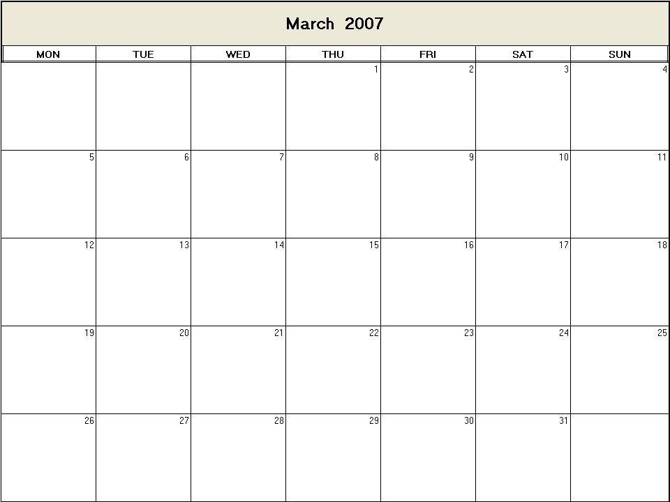 printable blank calendar image for March 2007