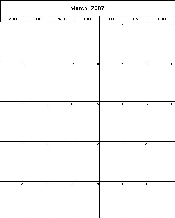 printable blank calendar image for March 2007