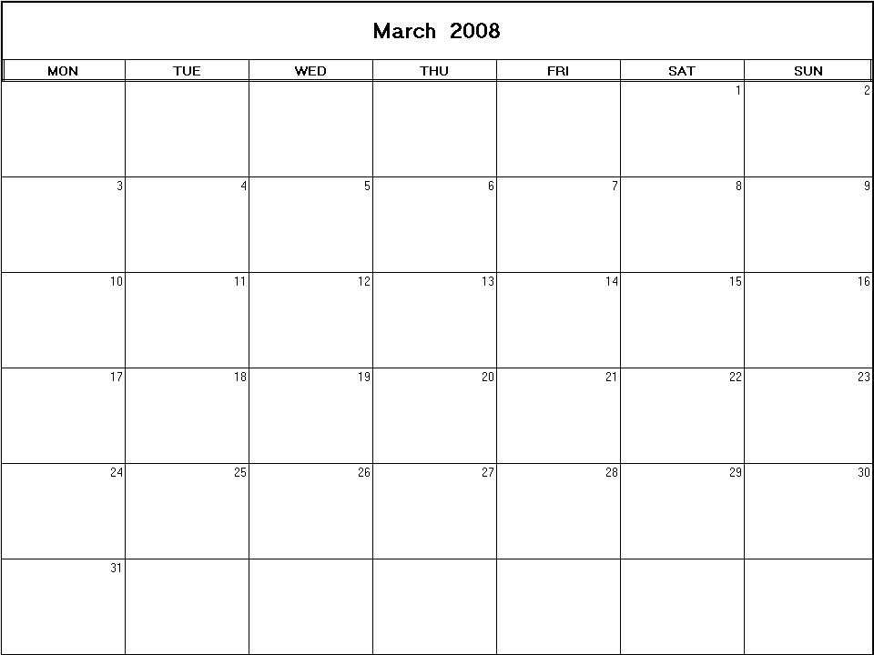 printable blank calendar image for March 2008