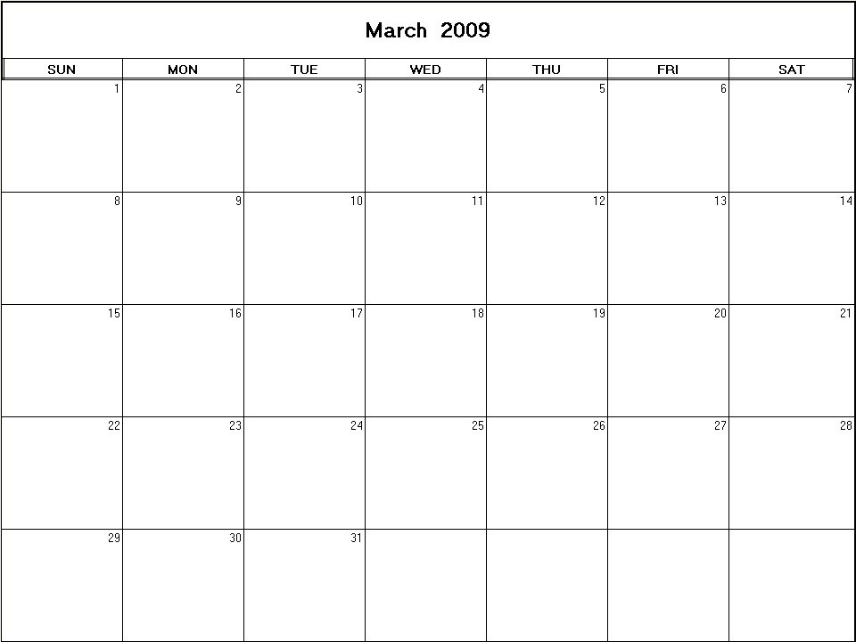 printable blank calendar image for March 2009