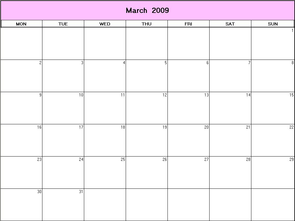 printable blank calendar image for March 2009