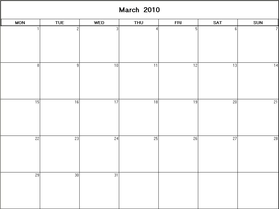 printable blank calendar image for March 2010