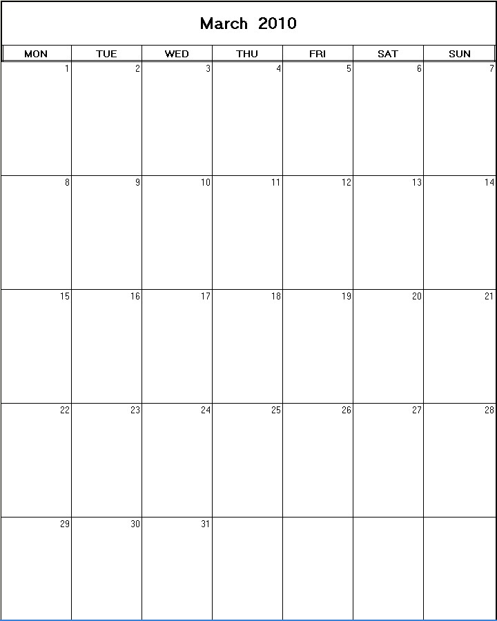 printable blank calendar image for March 2010