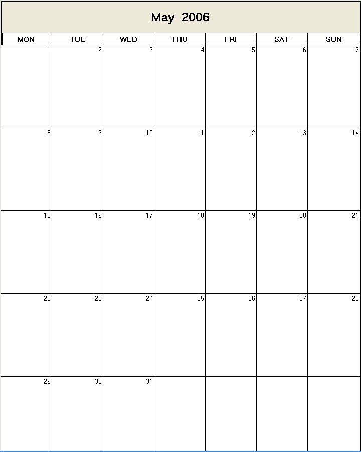 printable blank calendar image for May 2006