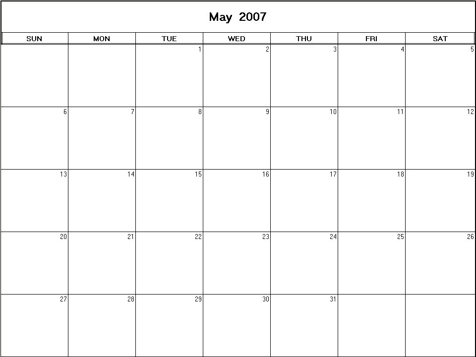 printable blank calendar image for May 2007