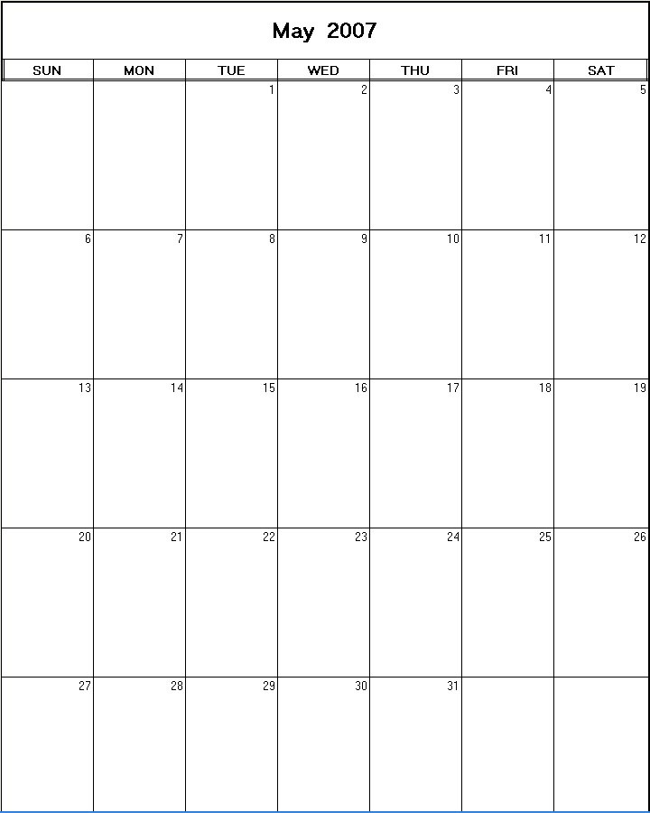 printable blank calendar image for May 2007