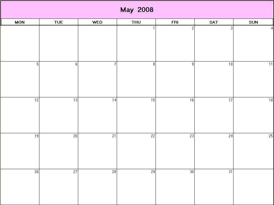 printable blank calendar image for May 2008