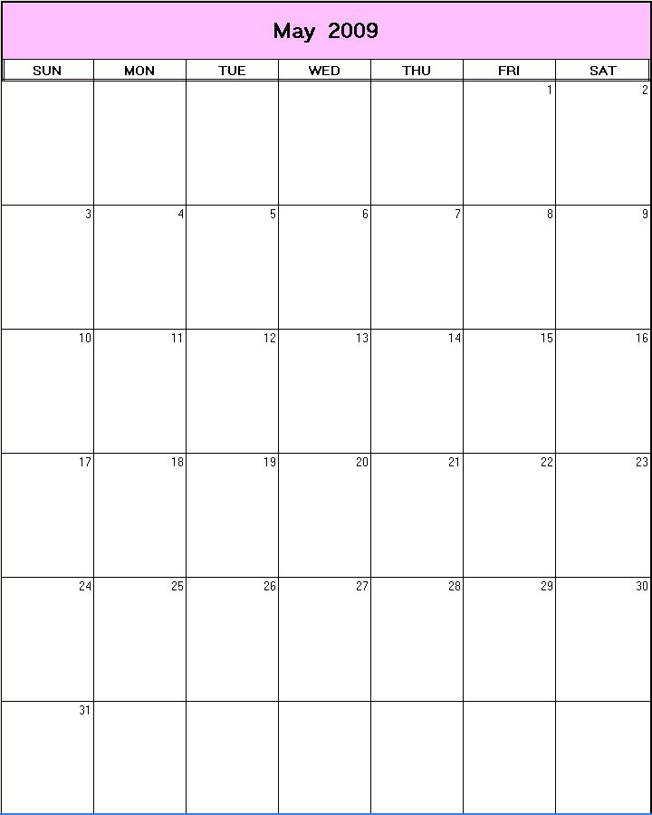 printable blank calendar image for May 2009