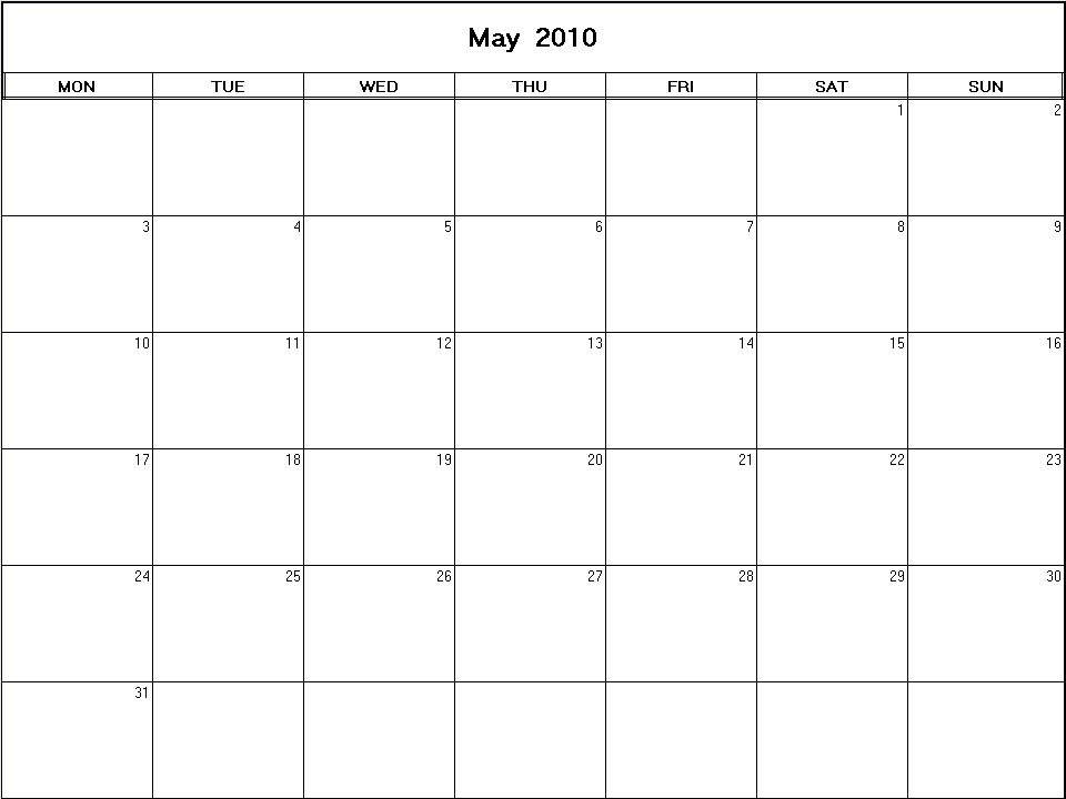 printable blank calendar image for May 2010