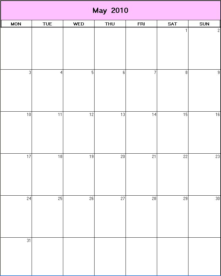 printable blank calendar image for May 2010