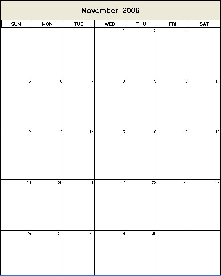 printable blank calendar image for November 2006