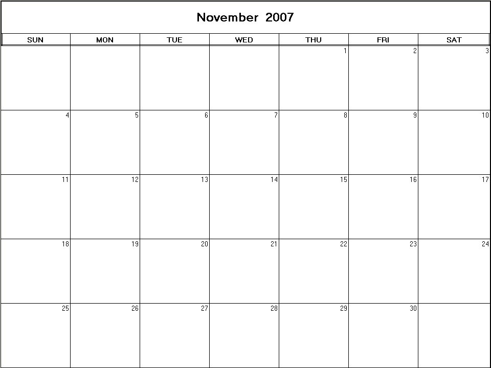 printable blank calendar image for November 2007