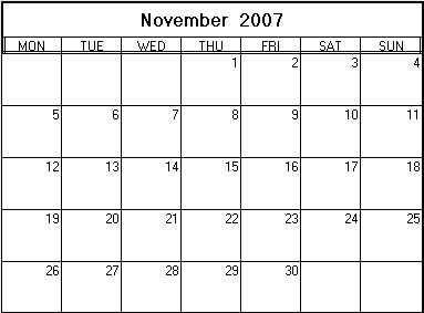 November 2007 Printable Calendar