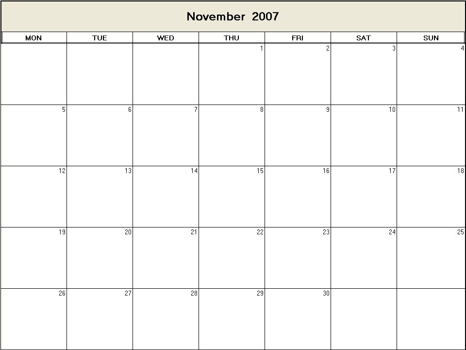 November 2007 printable blank calendar