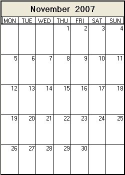 November 2007 Printable Calendar