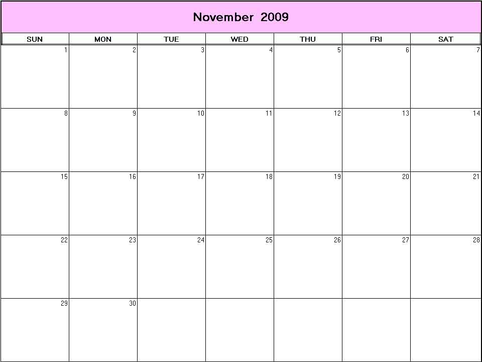 November 2009 printable blank calendar