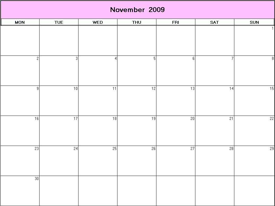 printable blank calendar image for November 2009
