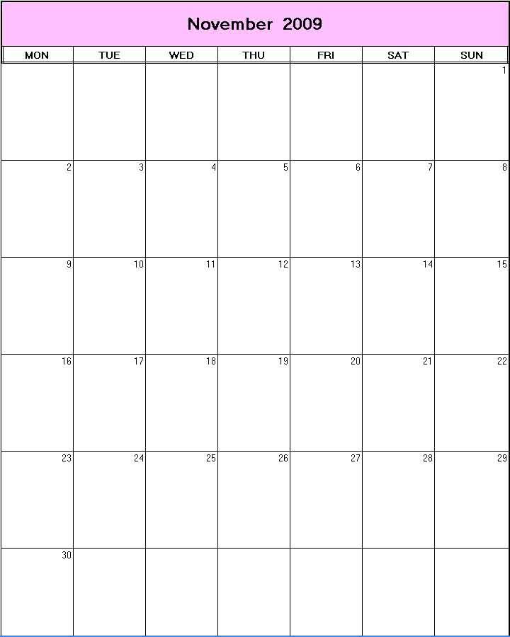printable blank calendar image for November 2009