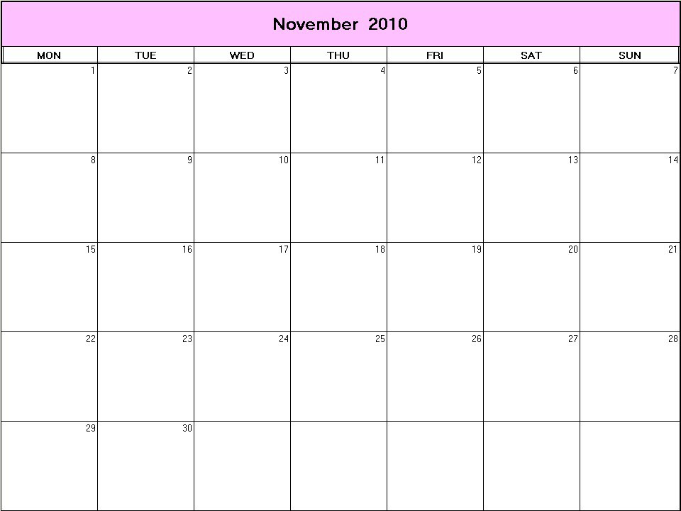 printable blank calendar image for November 2010