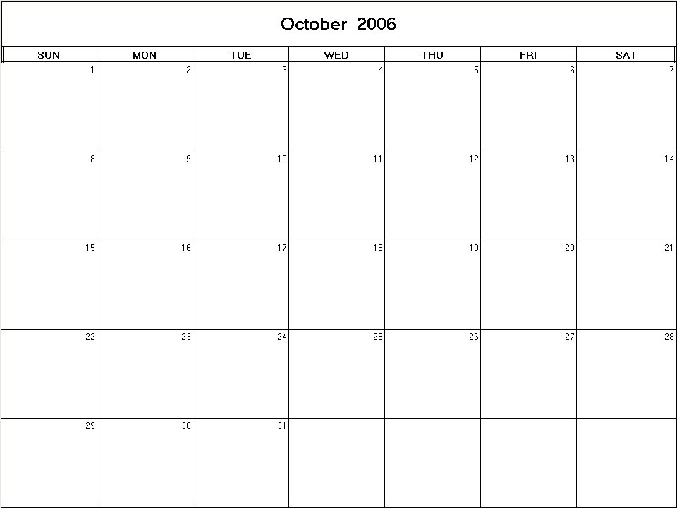 printable blank calendar image for October 2006