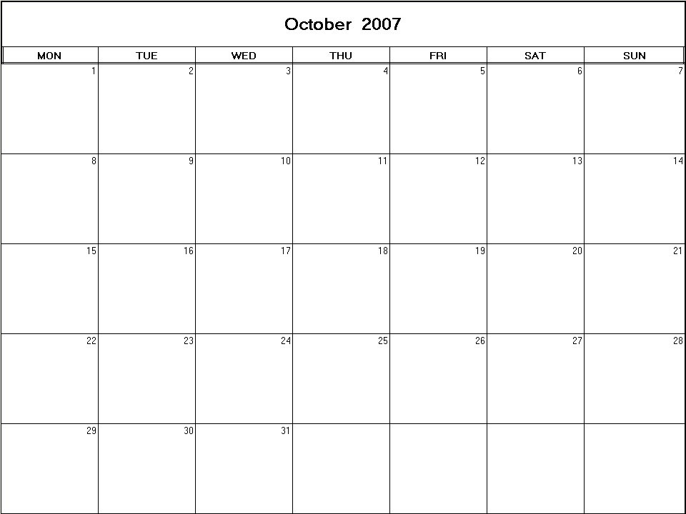 printable blank calendar image for October 2007