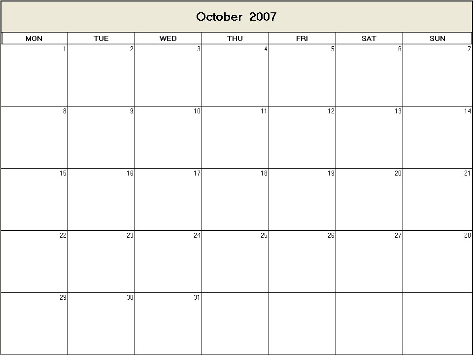 printable blank calendar image for October 2007