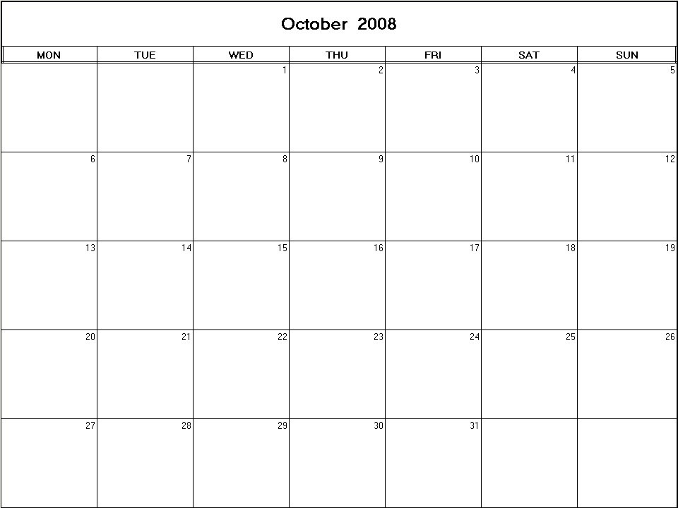 printable blank calendar image for October 2008