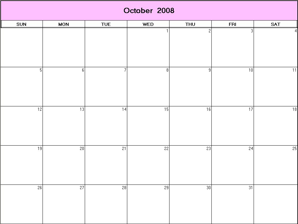 printable blank calendar image for October 2008
