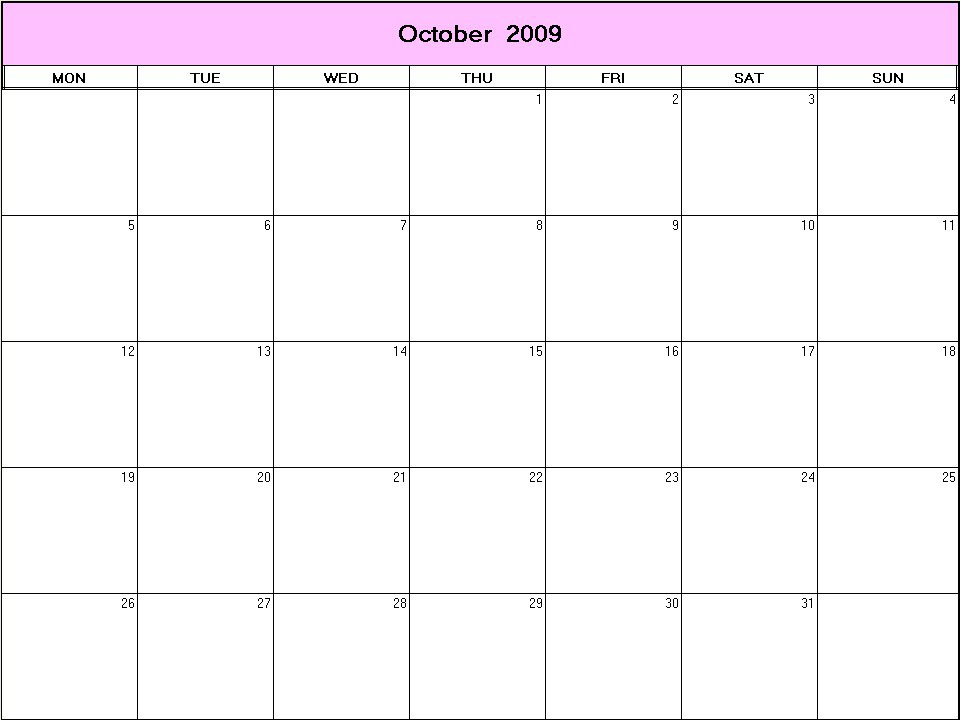 printable blank calendar image for October 2009