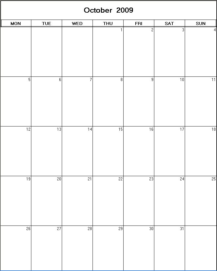 printable blank calendar image for October 2009
