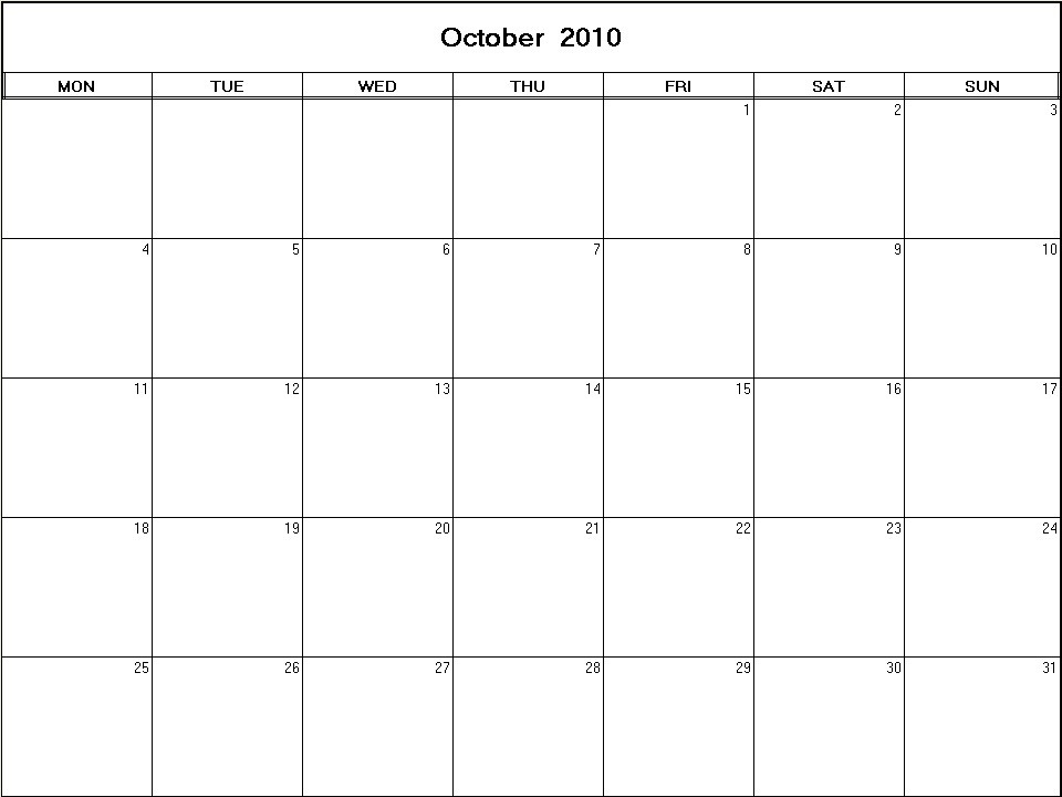 October 2010 printable blank calendar Calendarprintables net