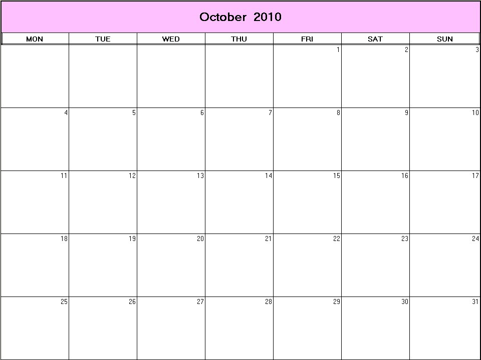 printable blank calendar image for October 2010