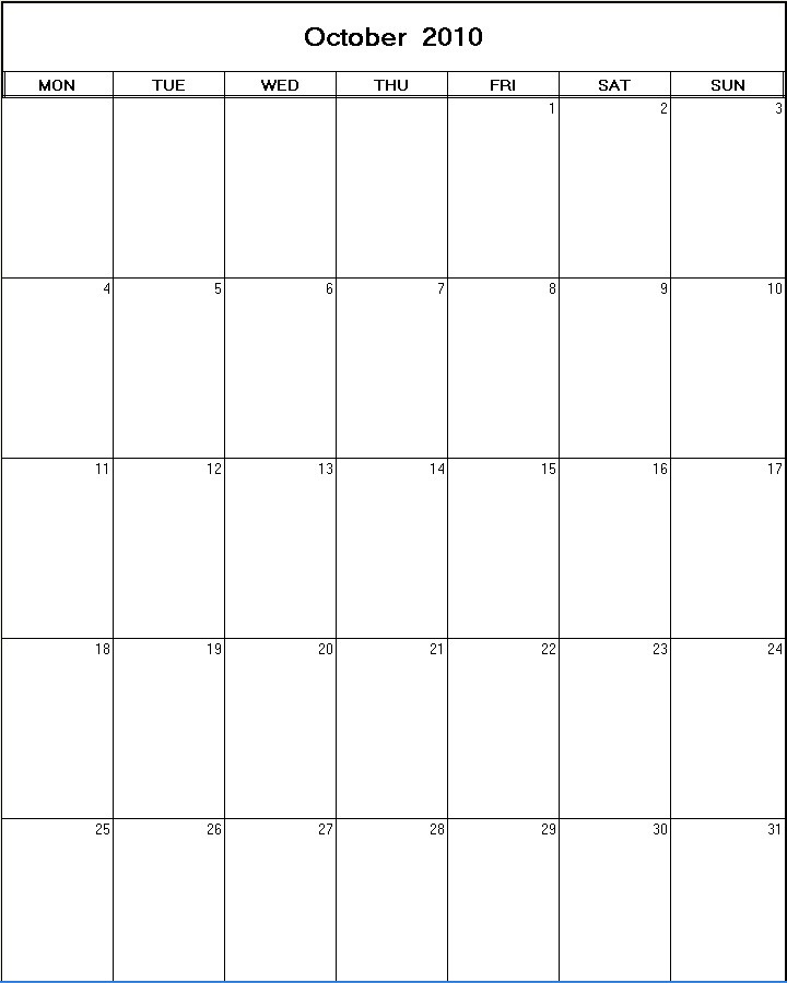 printable blank calendar image for October 2010