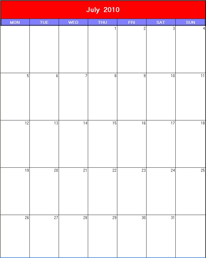 printable blank calendar image for Patriotic 2010