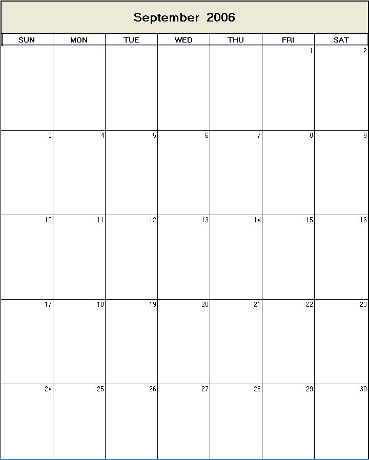 printable blank calendar image for September 2006