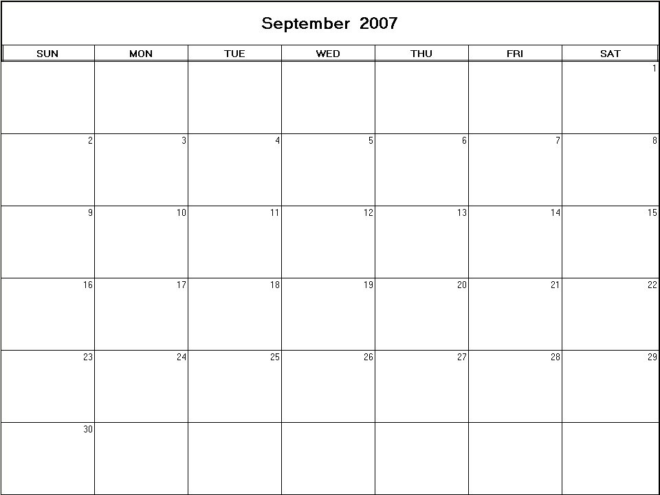 printable blank calendar image for September 2007