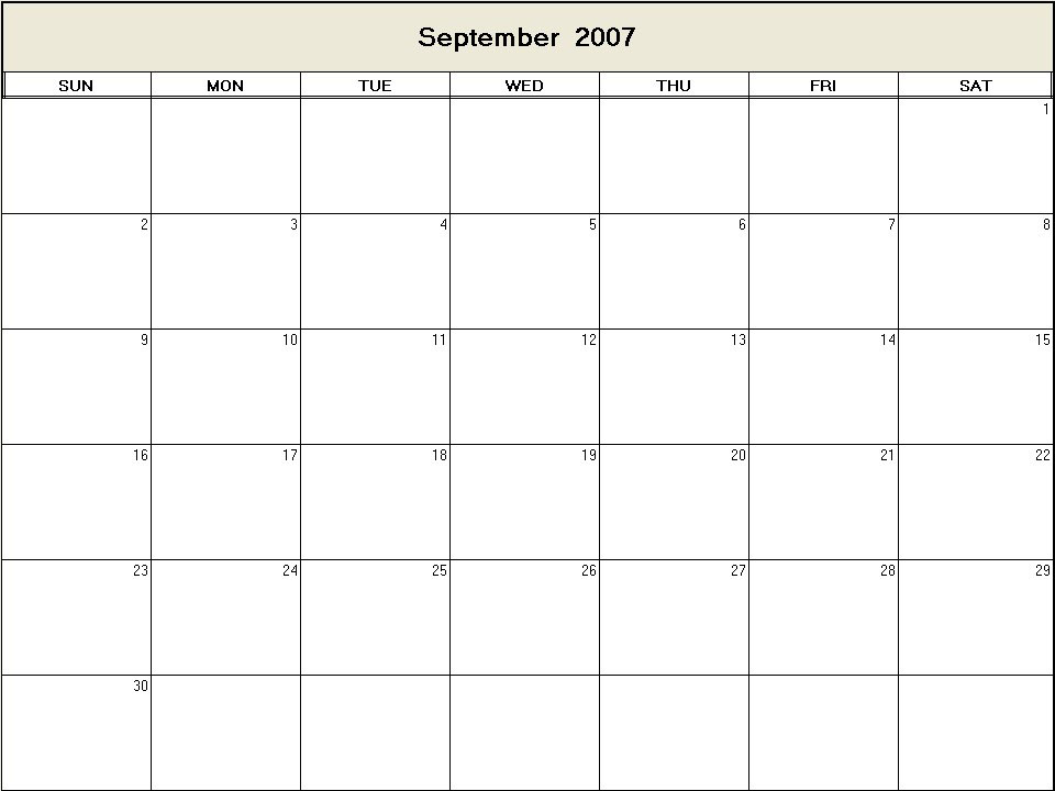 printable blank calendar image for September 2007