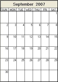 September 2007 Printable Calendar