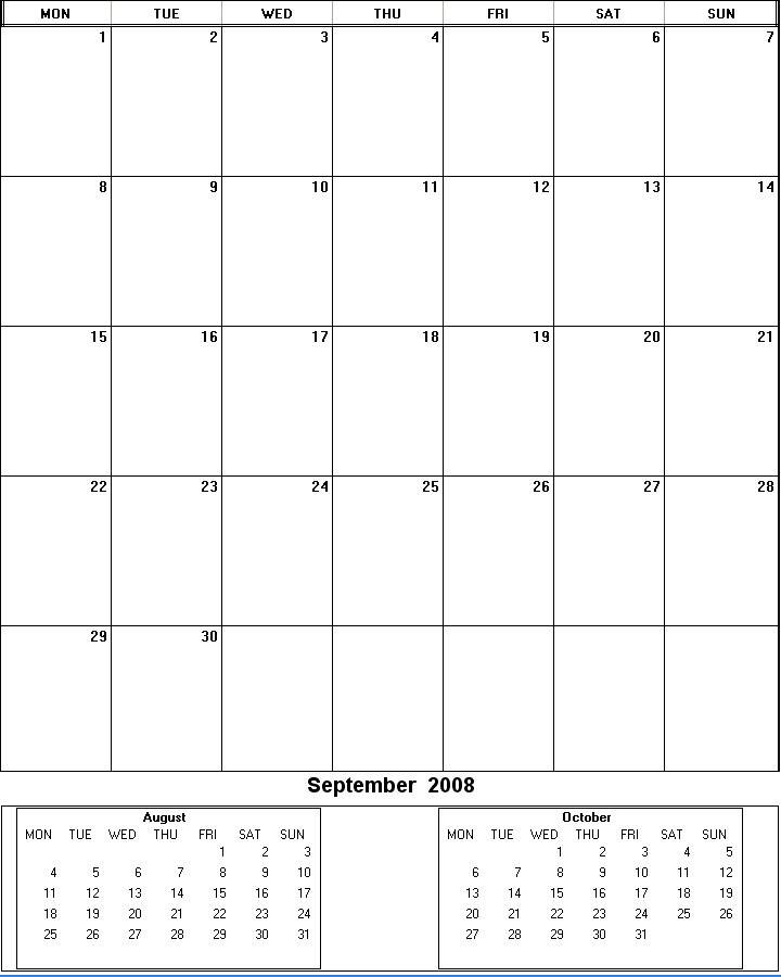printable blank calendar image for September 2008
