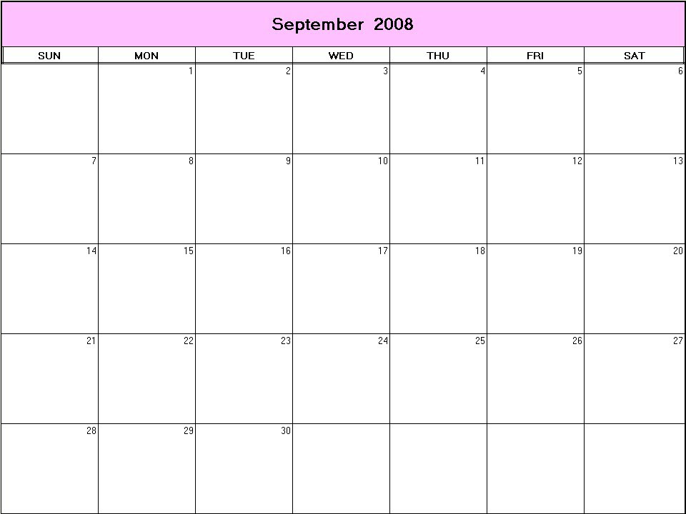 printable blank calendar image for September 2008
