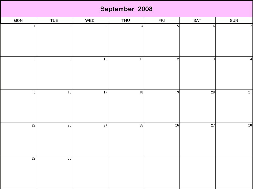 printable blank calendar image for September 2008