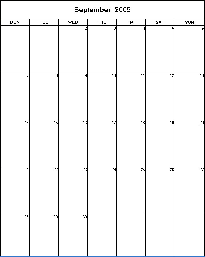 printable blank calendar image for September 2009