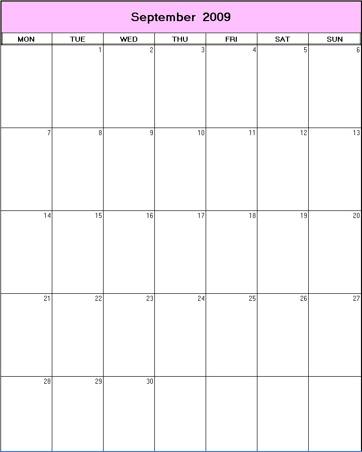 printable blank calendar image for September 2009