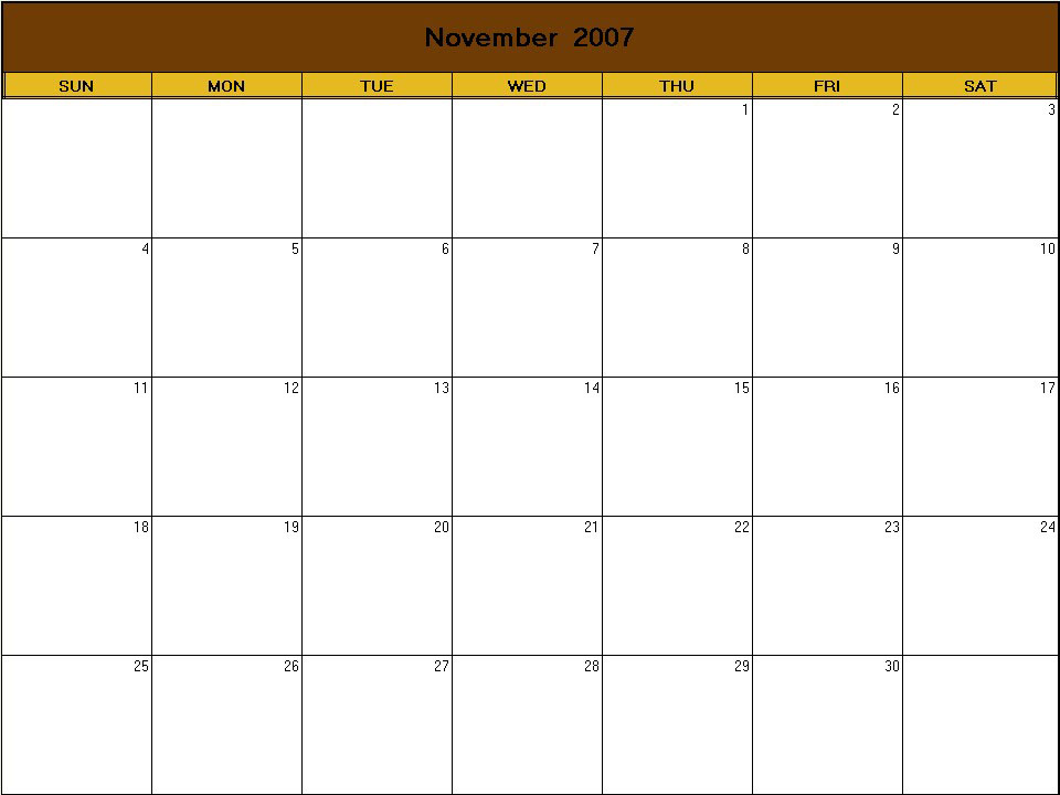 printable blank calendar image for Thanksgiving 2007